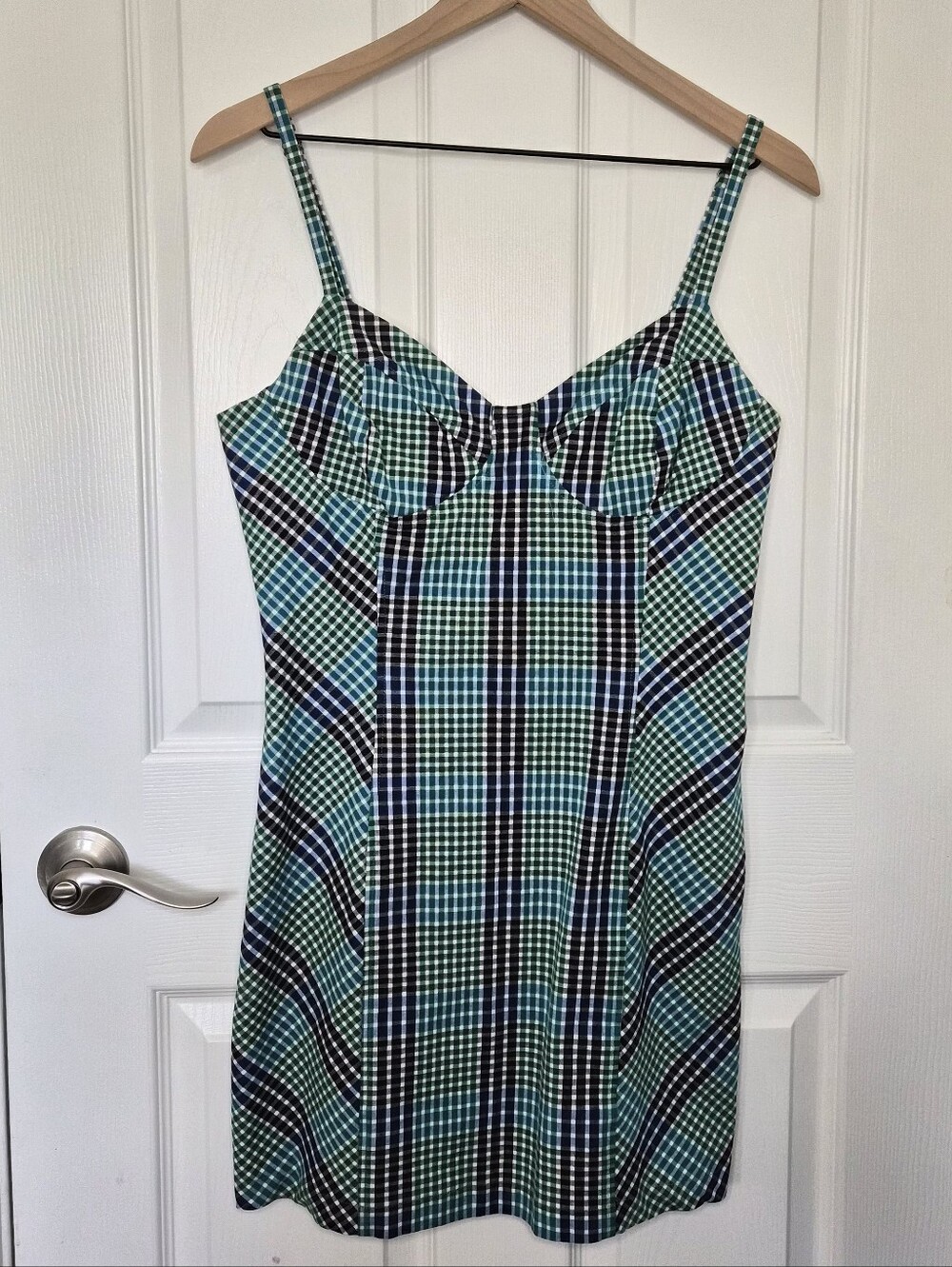 Urban Outfitters Plaid Mini Strappy Dress Green/Blue/Black Cotton Blend Size L - Picture 3 of 12